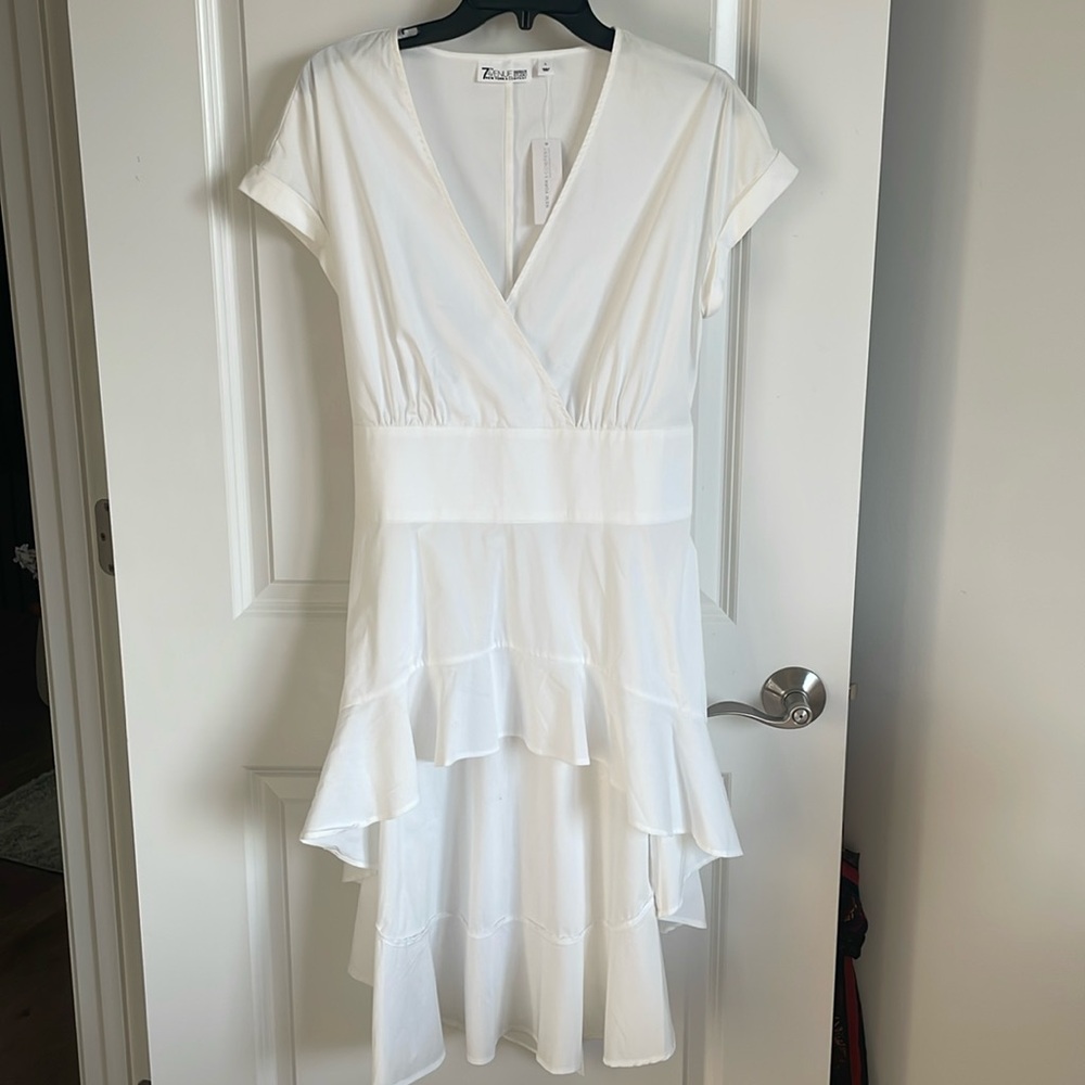 7th Avenue women's artsy boho white cotton blend stretch hi/lo ruffle tunic NWT